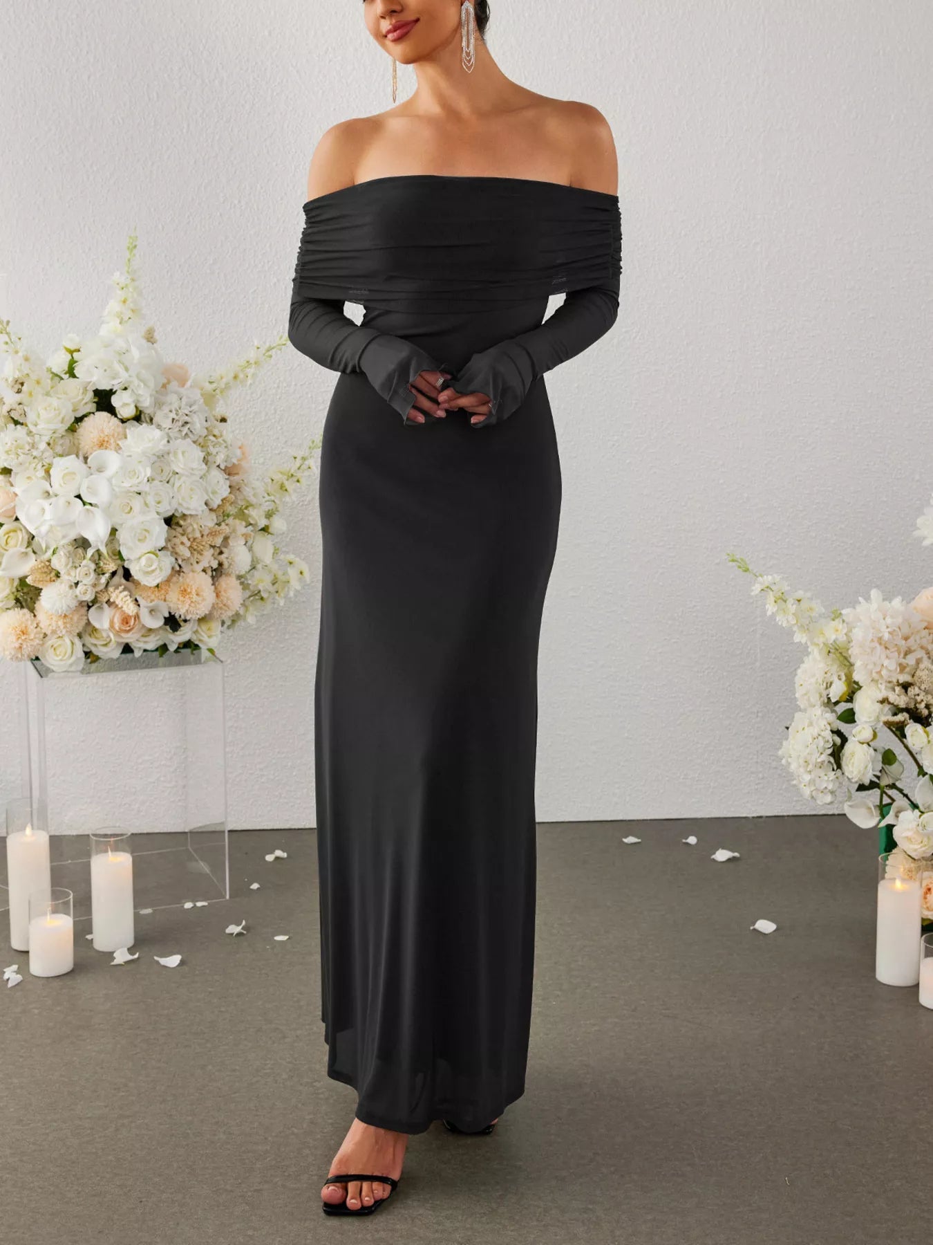 Off-Shoulder Ruched Long Sleeve Maxi Dress