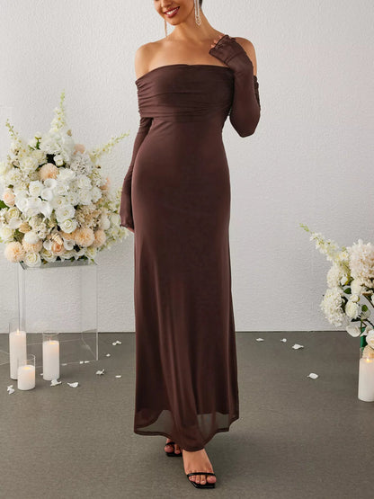 Off-Shoulder Ruched Long Sleeve Maxi Dress