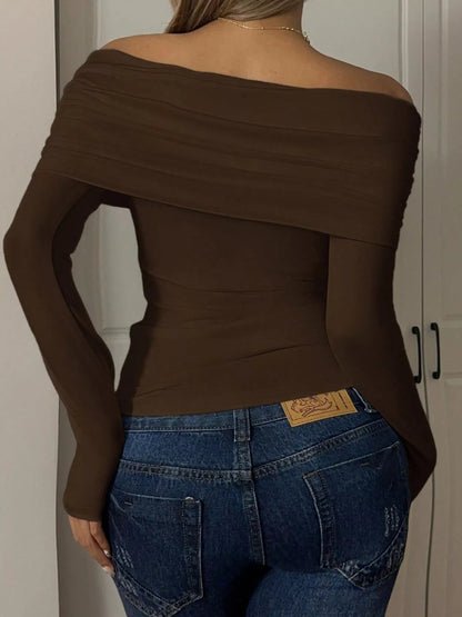 Off-Shoulder Ruched Long Sleeve T-Shirt
