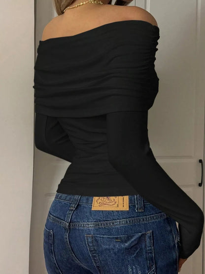 Off-Shoulder Ruched Long Sleeve T-Shirt