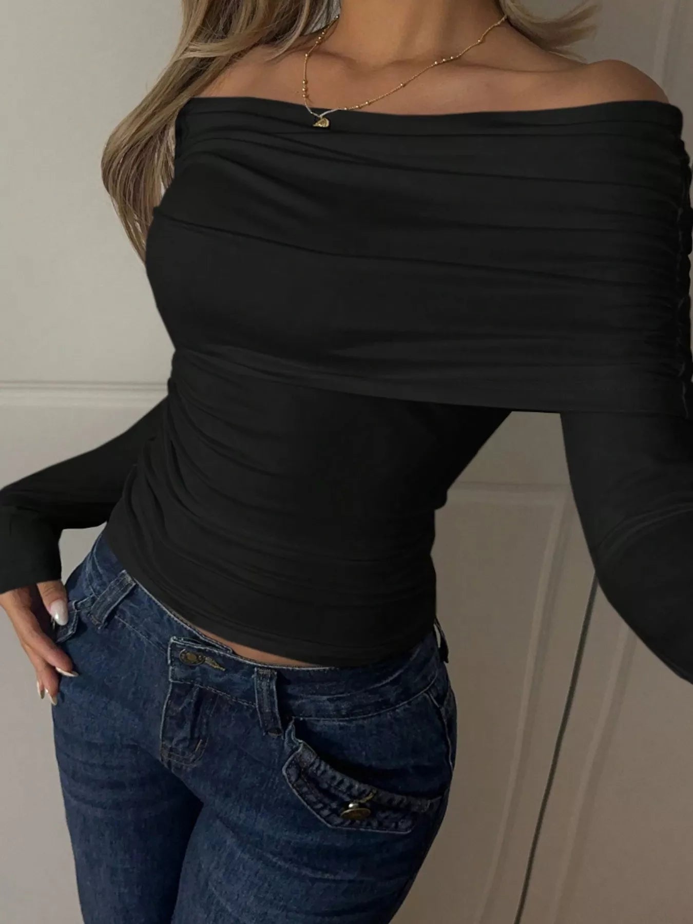 Off-Shoulder Ruched Long Sleeve T-Shirt