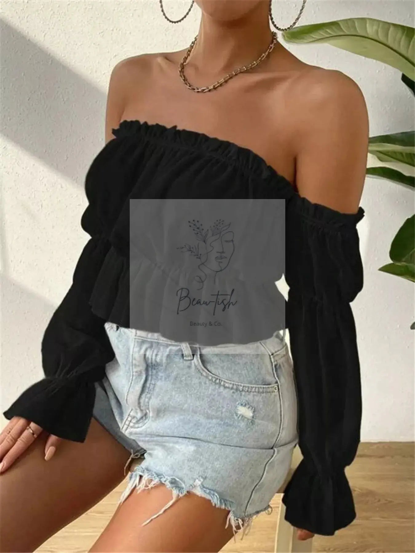 Off-Shoulder Ruffle Trim Sheer Cropped Blouse