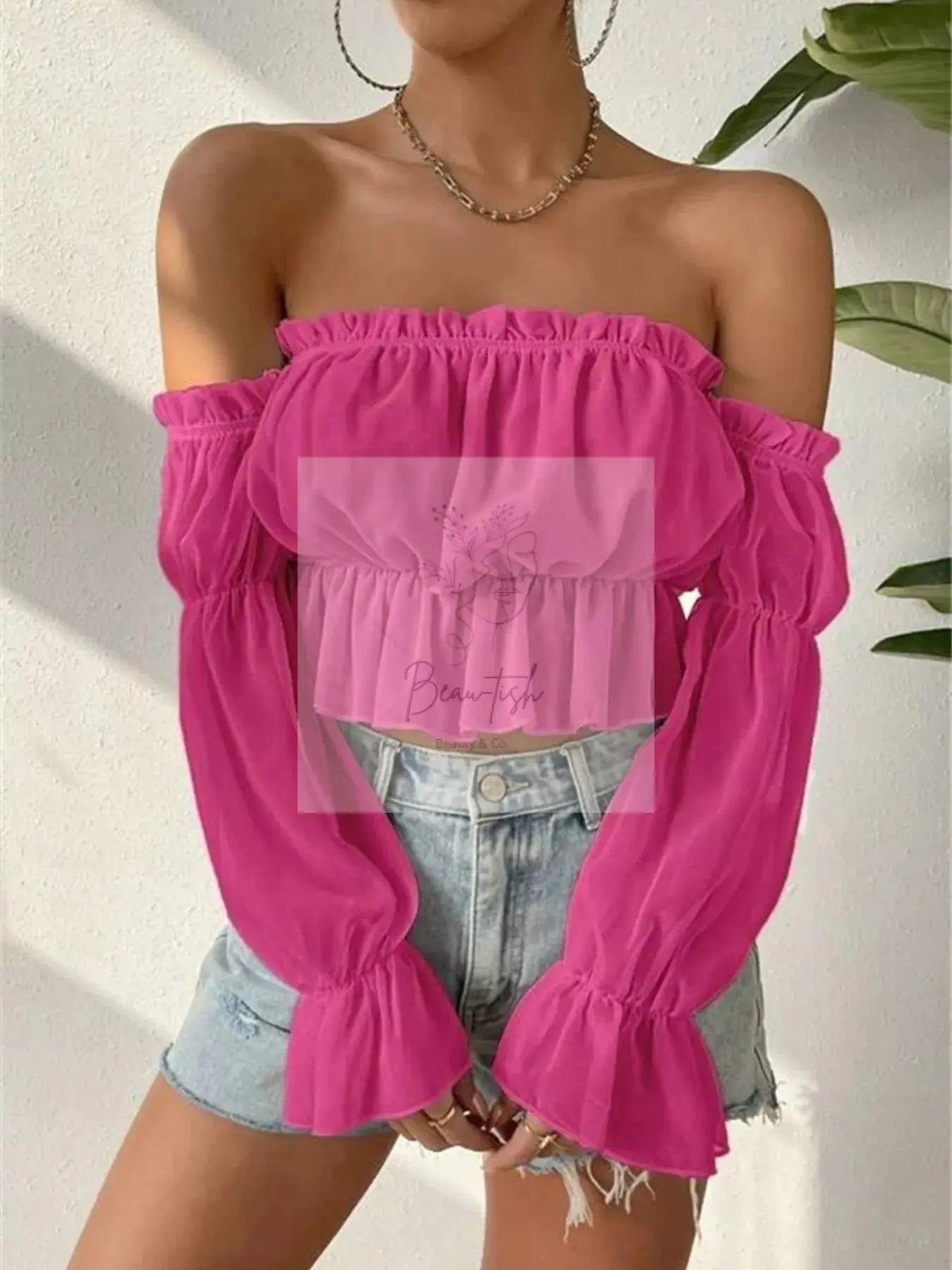 Off-Shoulder Ruffle Trim Sheer Cropped Blouse