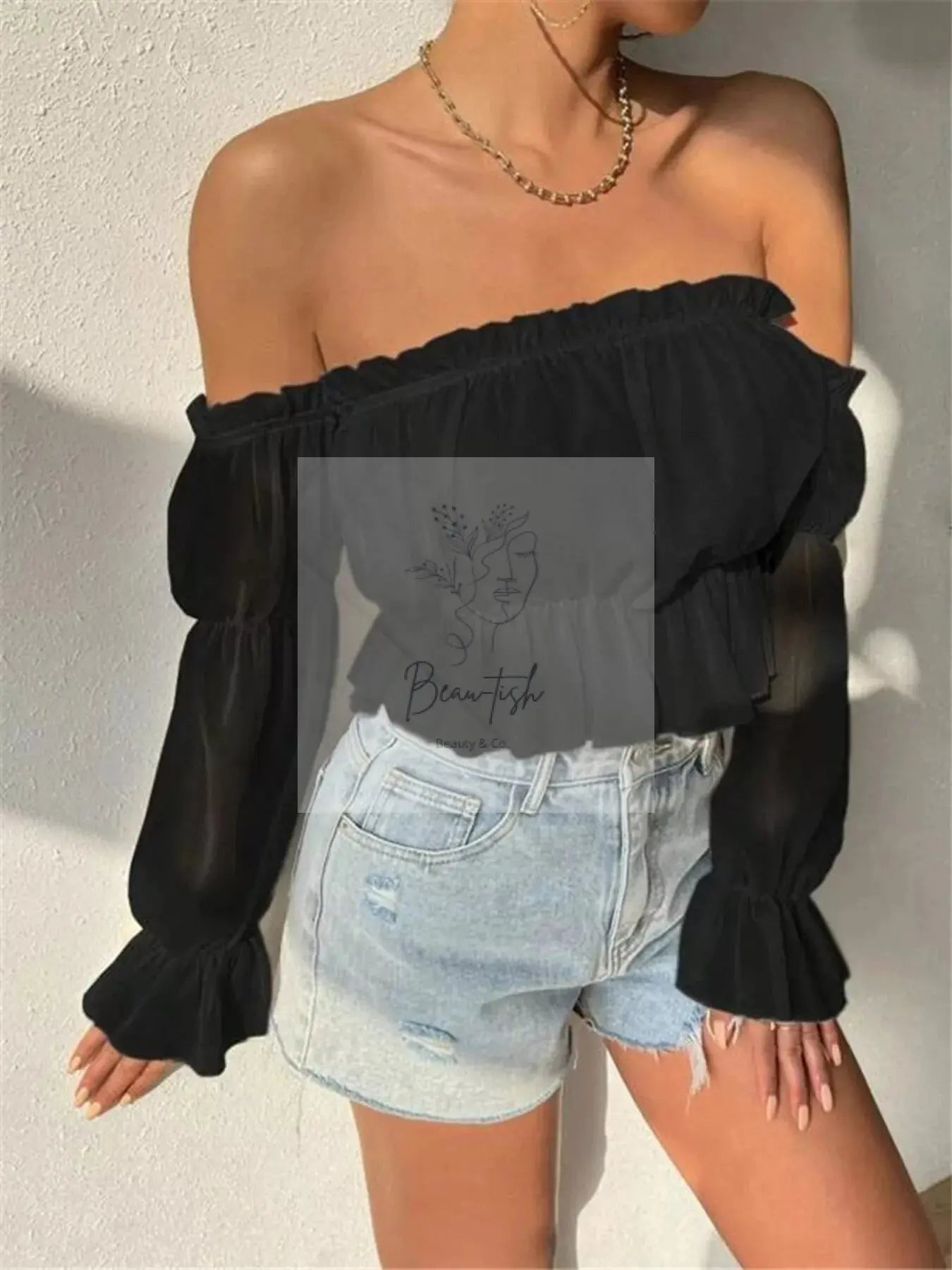 Off-Shoulder Ruffle Trim Sheer Cropped Blouse