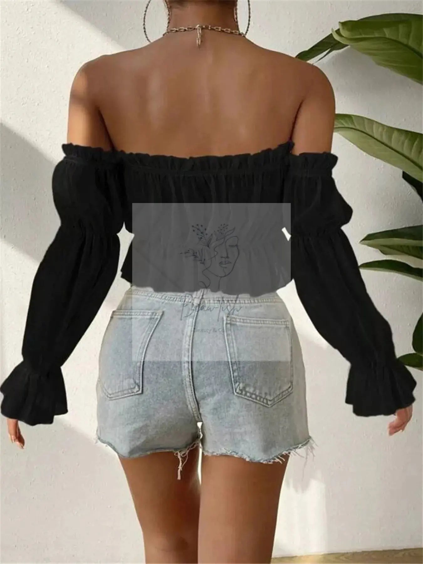 Off-Shoulder Ruffle Trim Sheer Cropped Blouse