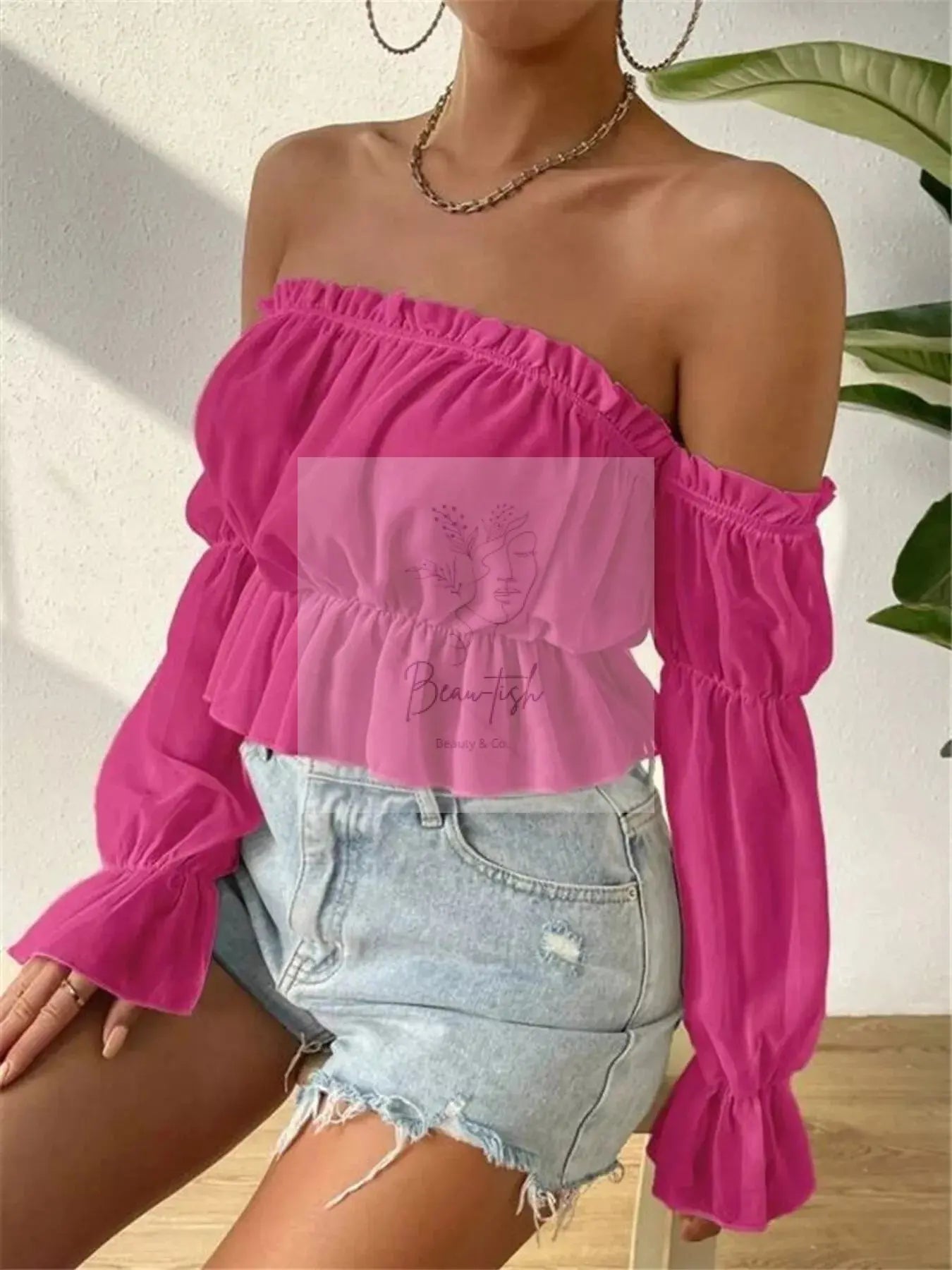 Off-Shoulder Ruffle Trim Sheer Cropped Blouse