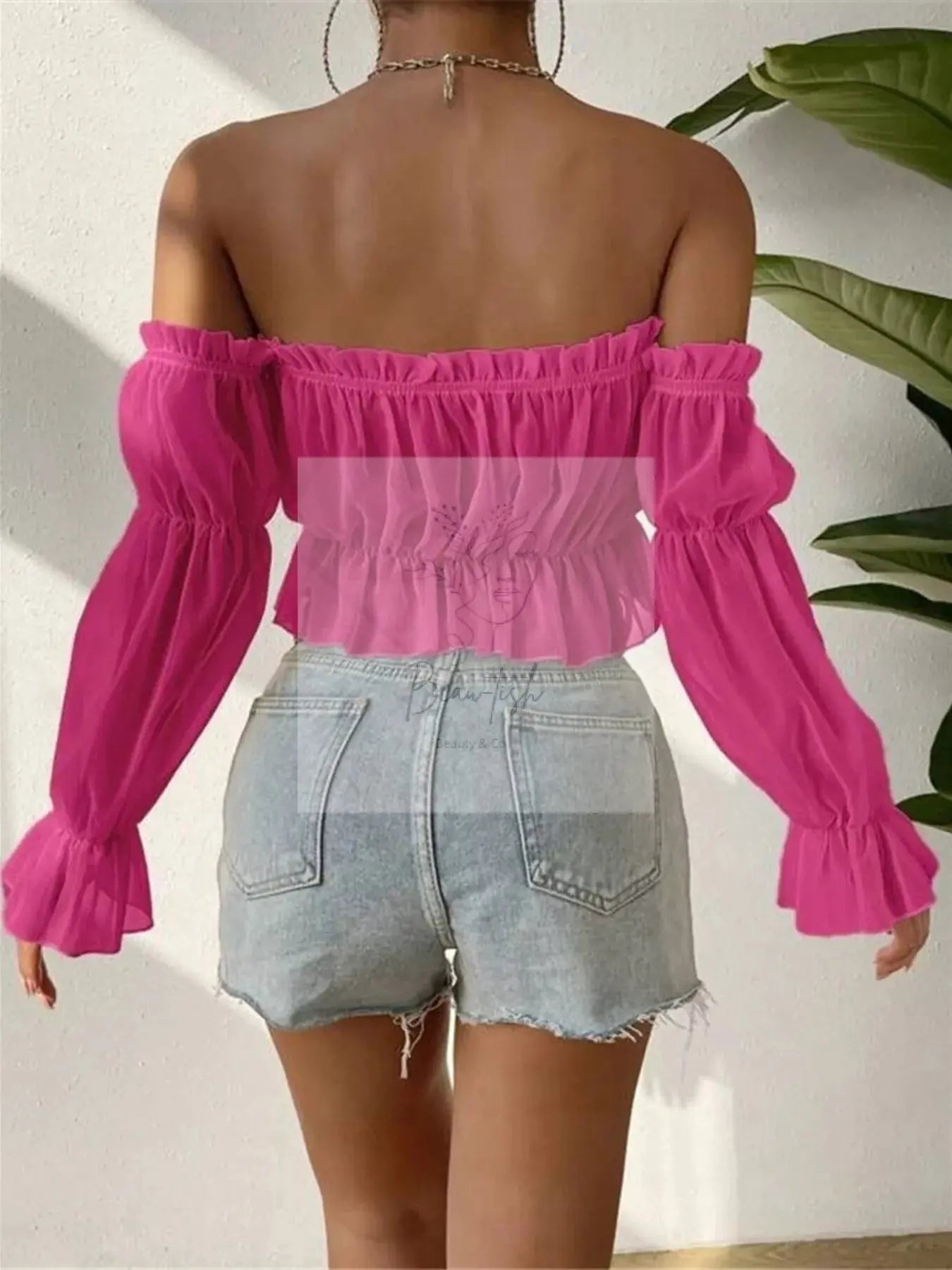 Off-Shoulder Ruffle Trim Sheer Cropped Blouse