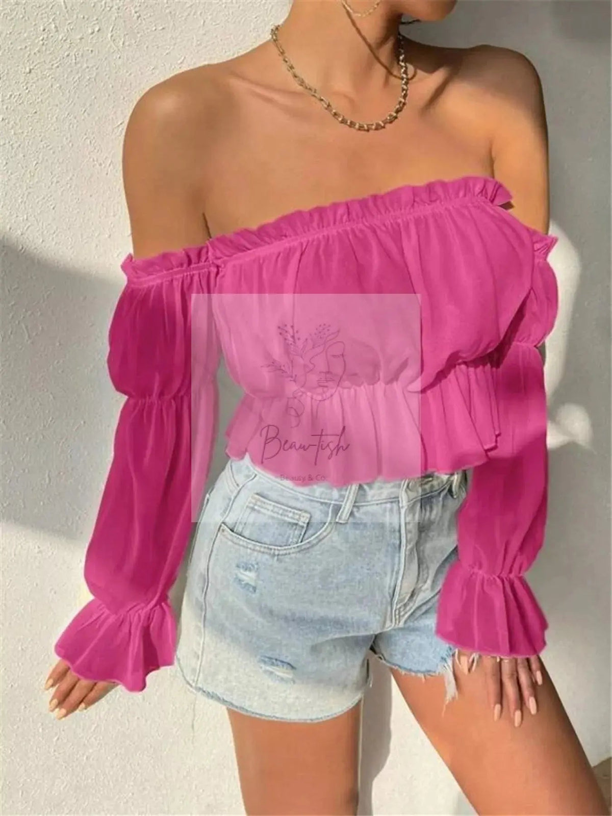 Off-Shoulder Ruffle Trim Sheer Cropped Blouse