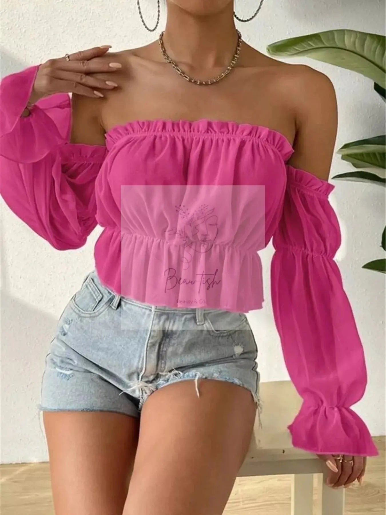 Off-Shoulder Ruffle Trim Sheer Cropped Blouse