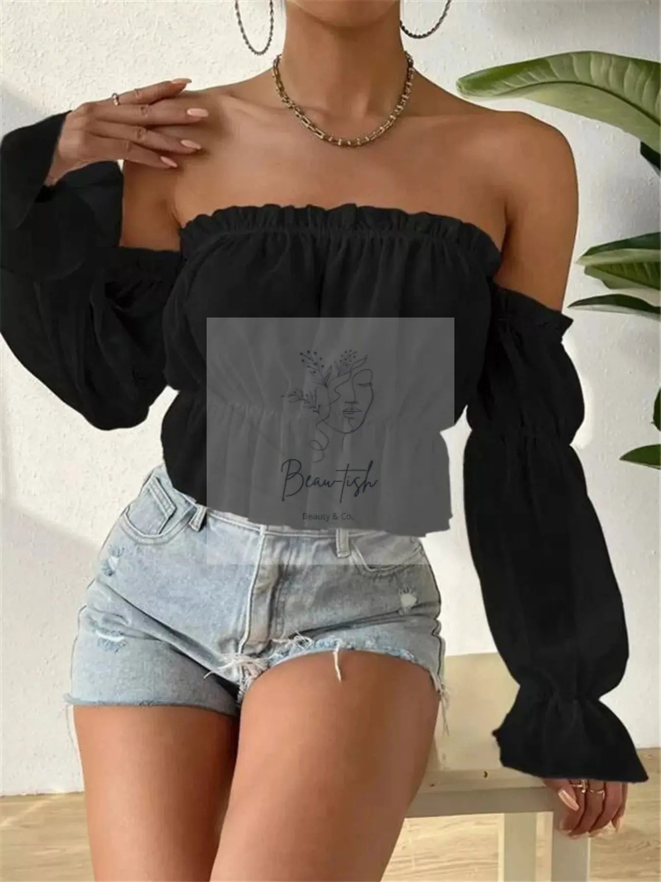Off-Shoulder Ruffle Trim Sheer Cropped Blouse