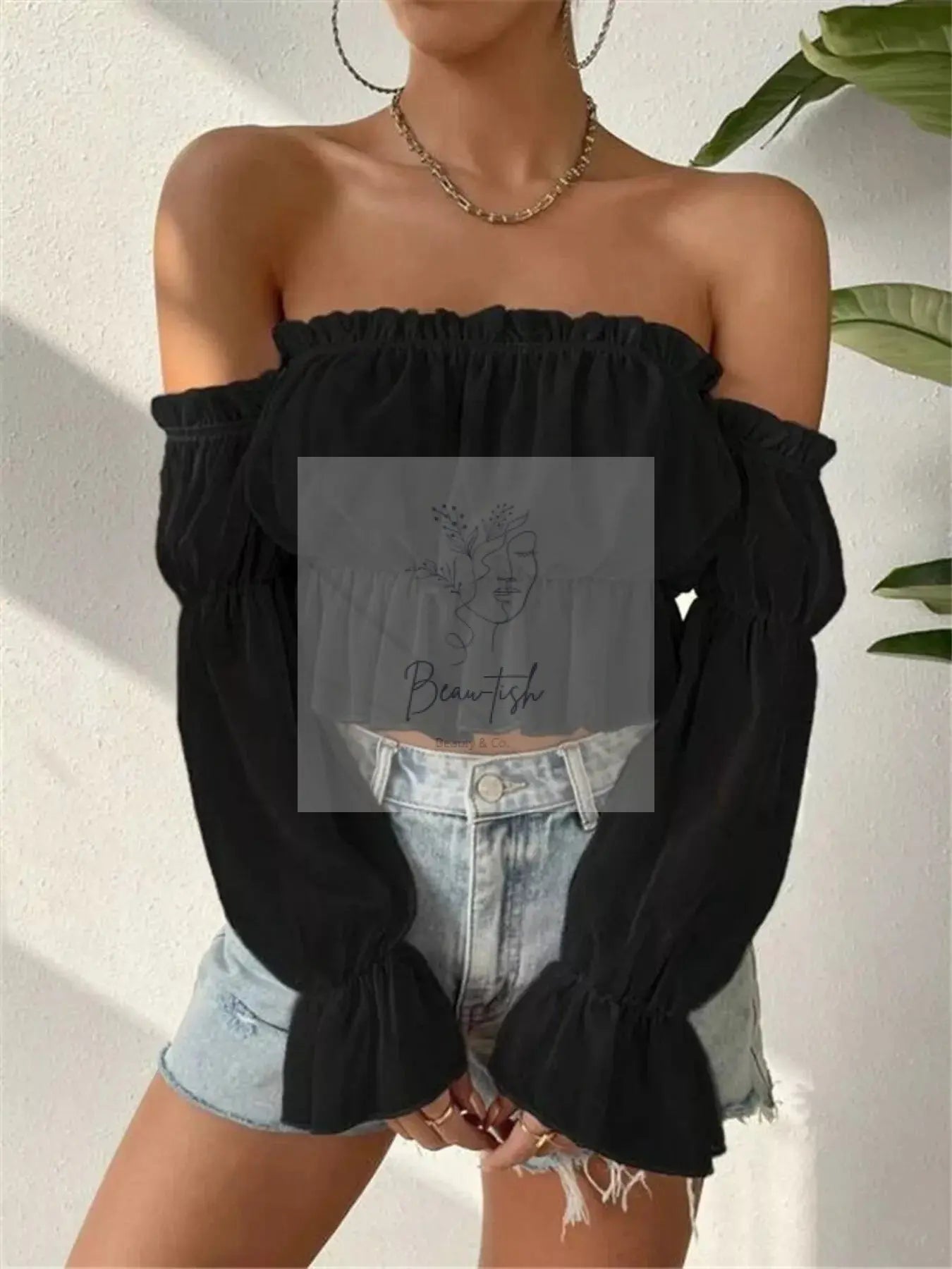 Off-Shoulder Ruffle Trim Sheer Cropped Blouse