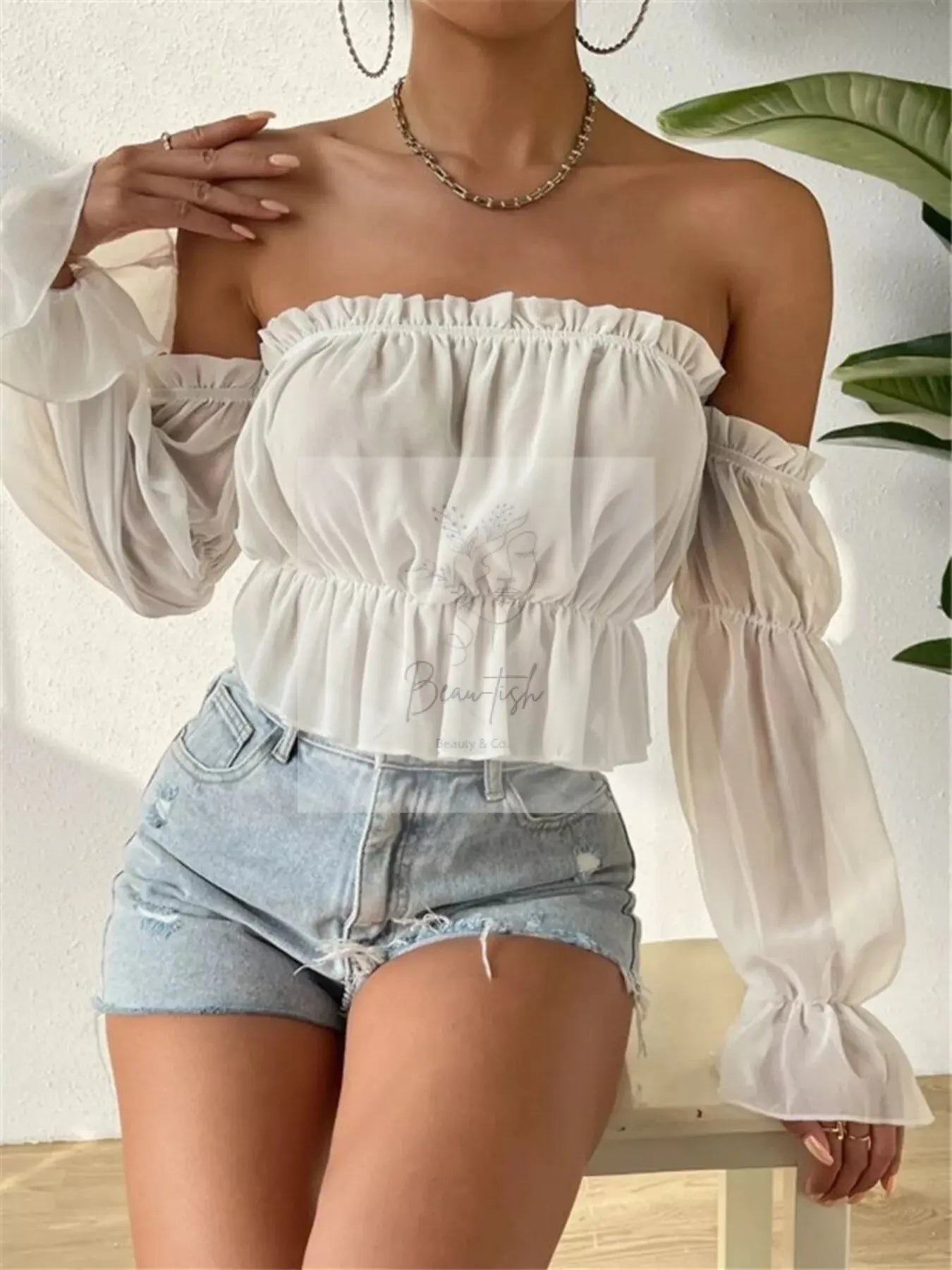 Off-Shoulder Ruffle Trim Sheer Cropped Blouse