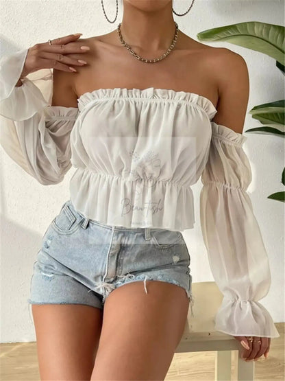Off-Shoulder Ruffle Trim Sheer Cropped Blouse