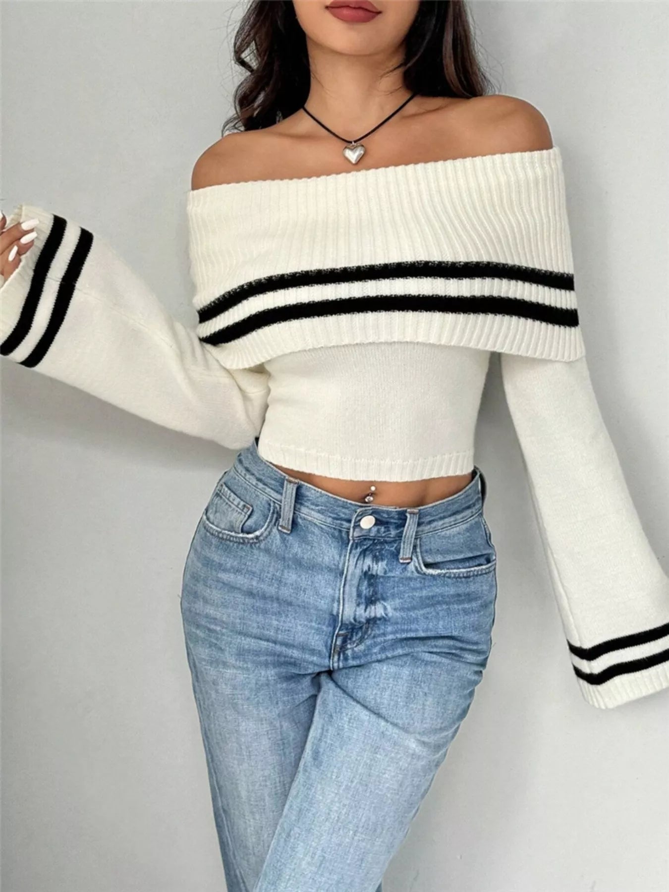 Off - Shoulder Striped Flare Sleeve Sweater