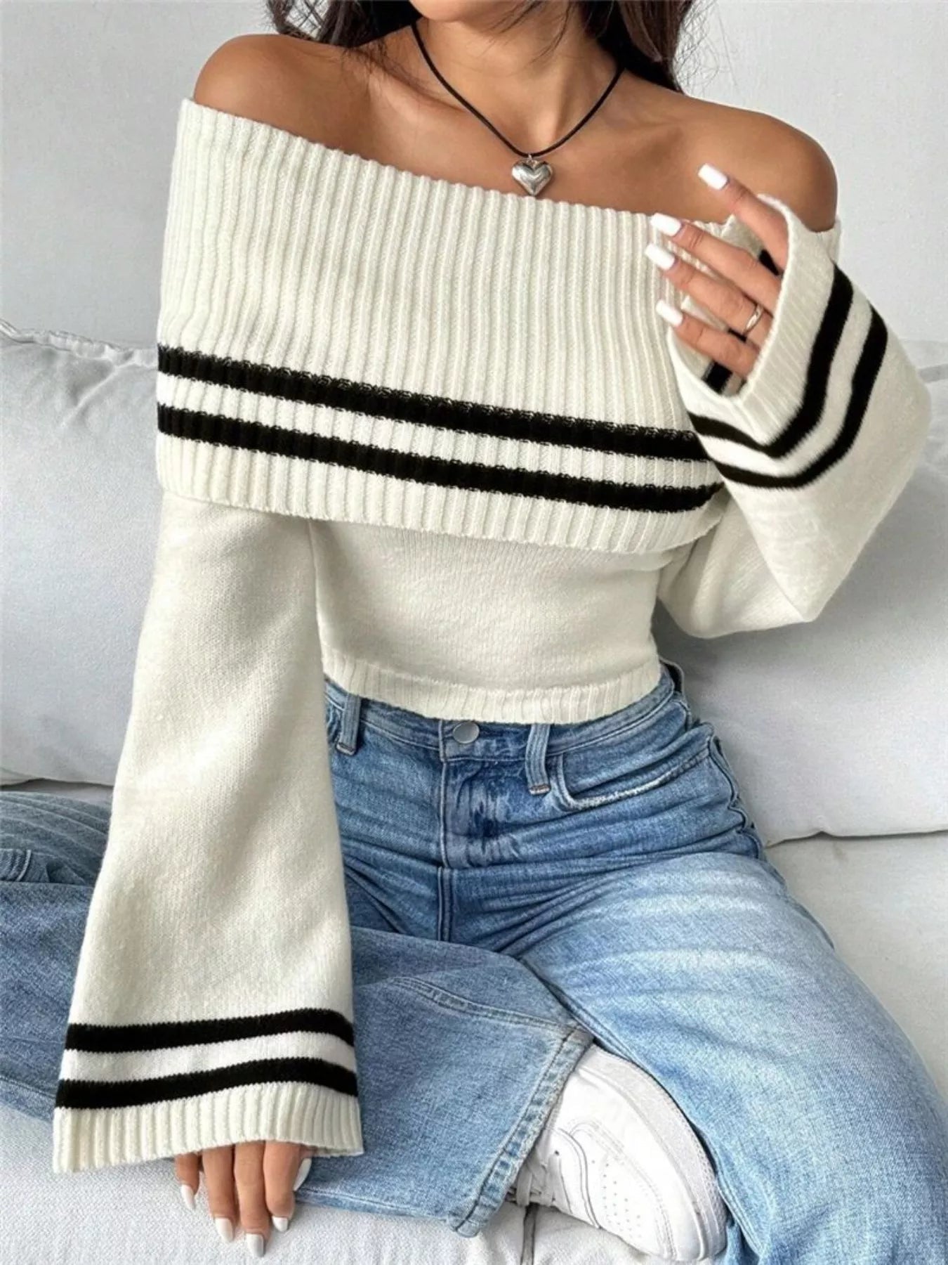 Off - Shoulder Striped Flare Sleeve Sweater