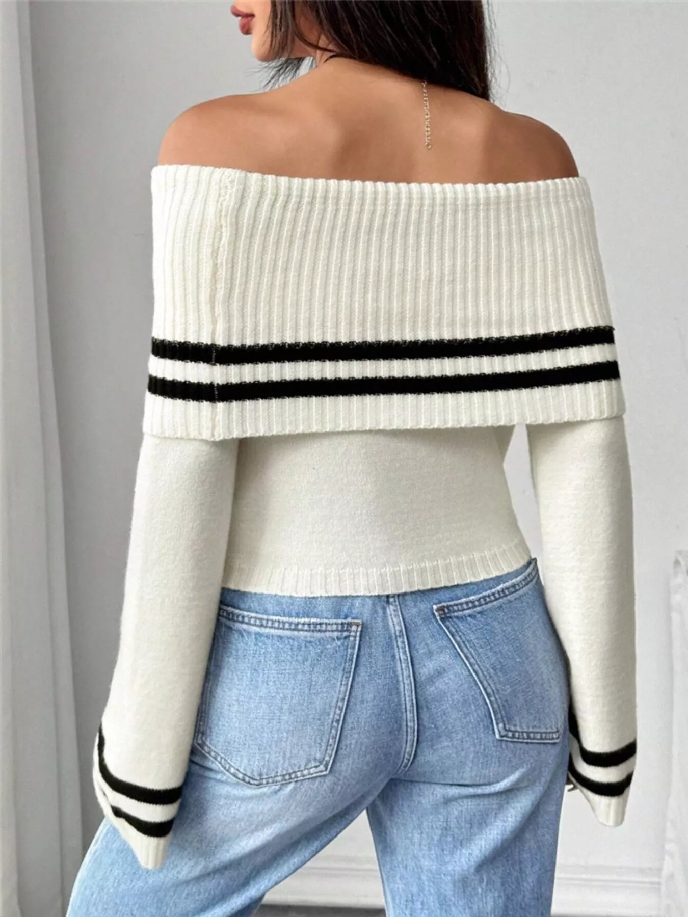 Off - Shoulder Striped Flare Sleeve Sweater
