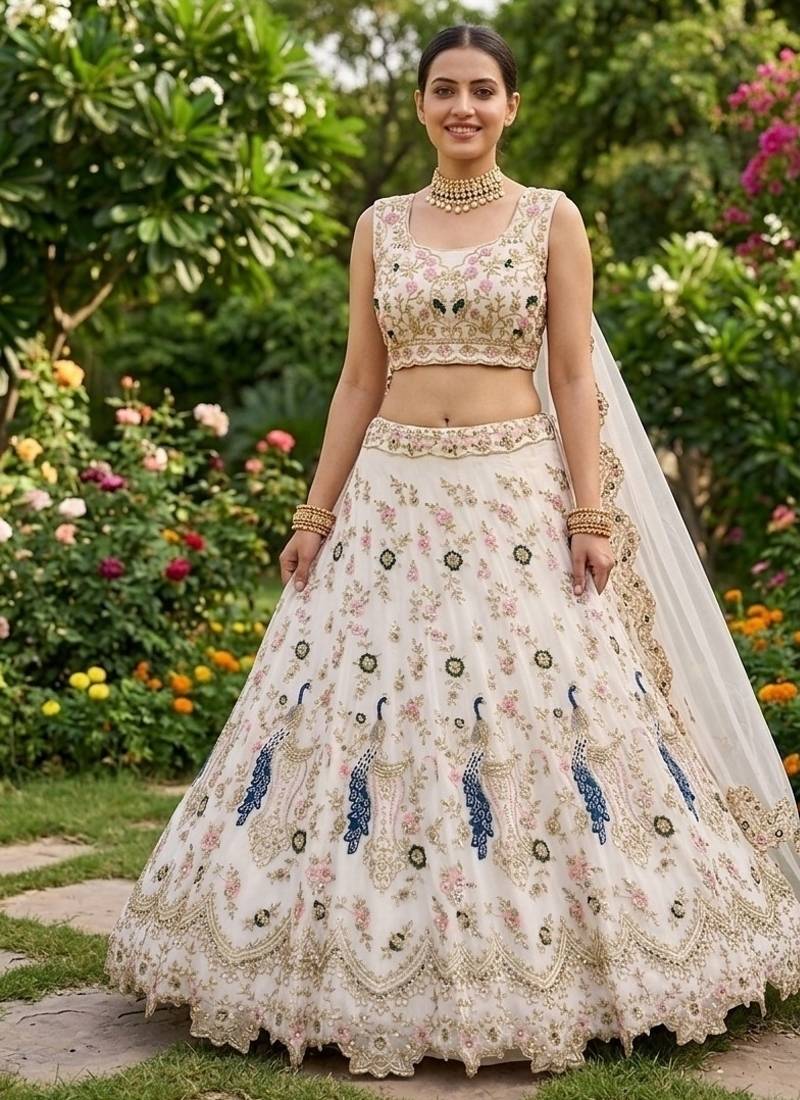 Off White Embroidered Georgette Lehenga Choli Set