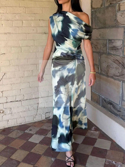One-Shoulder Floral Print Maxi Dress