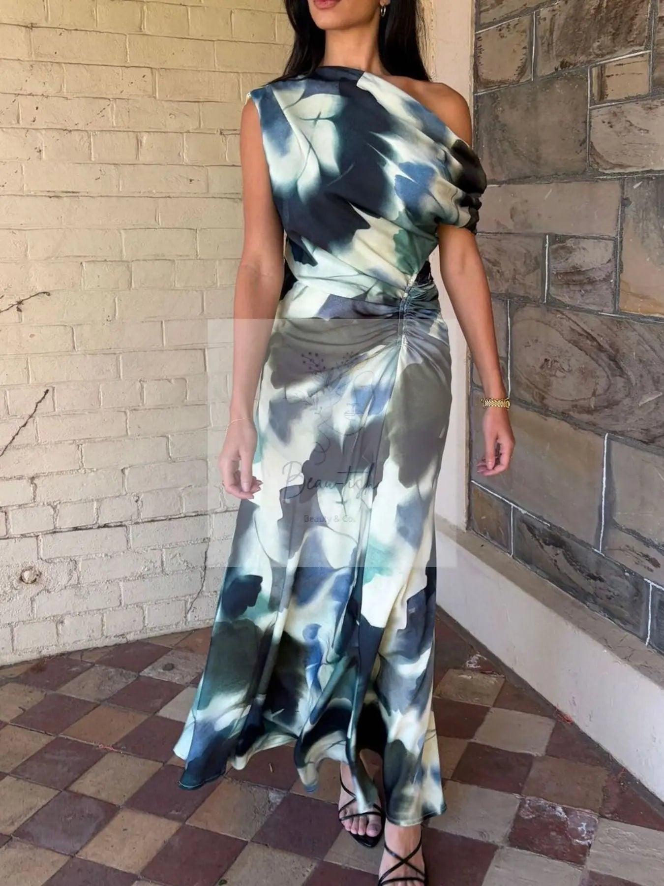 One-Shoulder Floral Print Maxi Dress