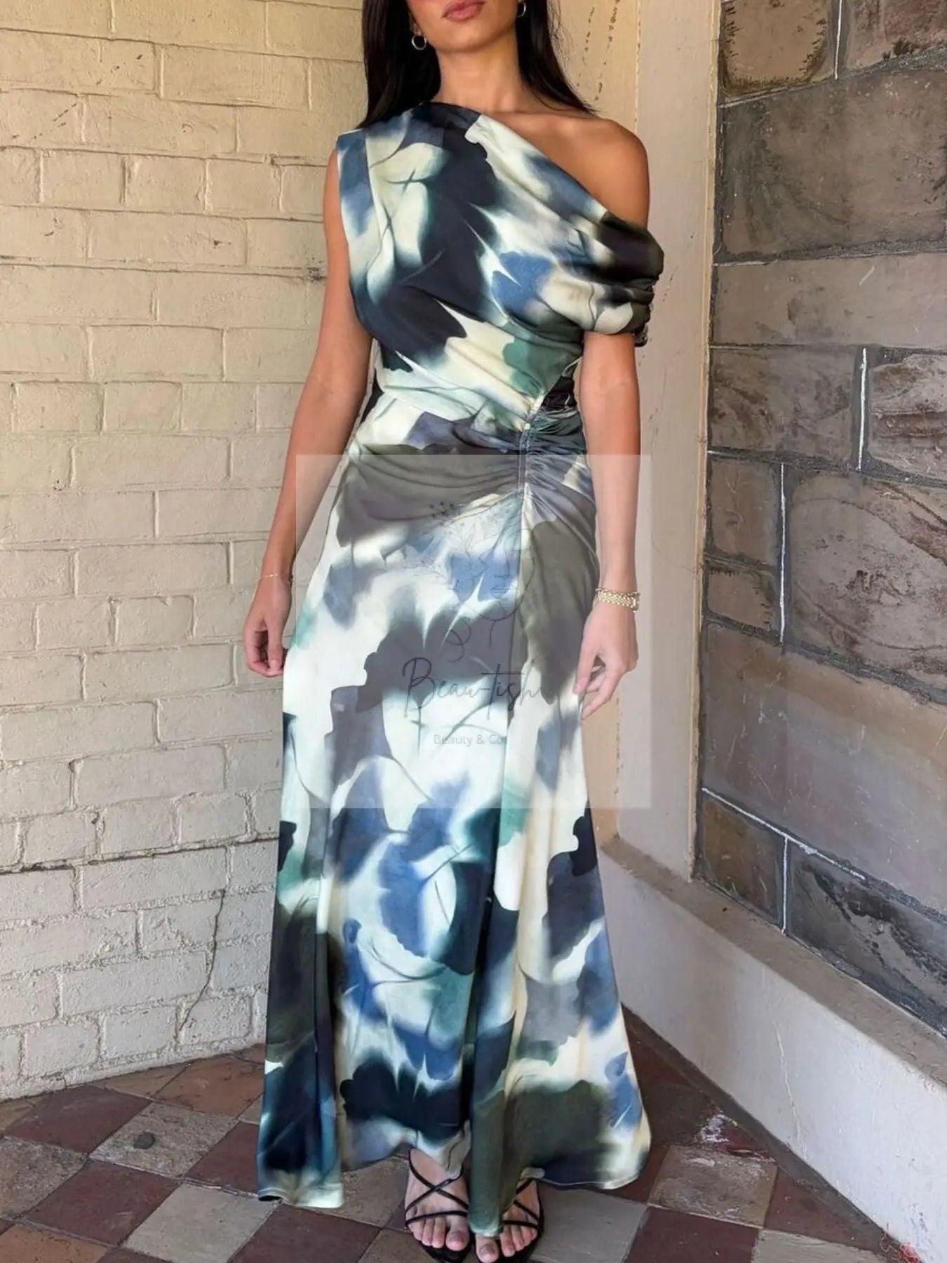 One-Shoulder Floral Print Maxi Dress