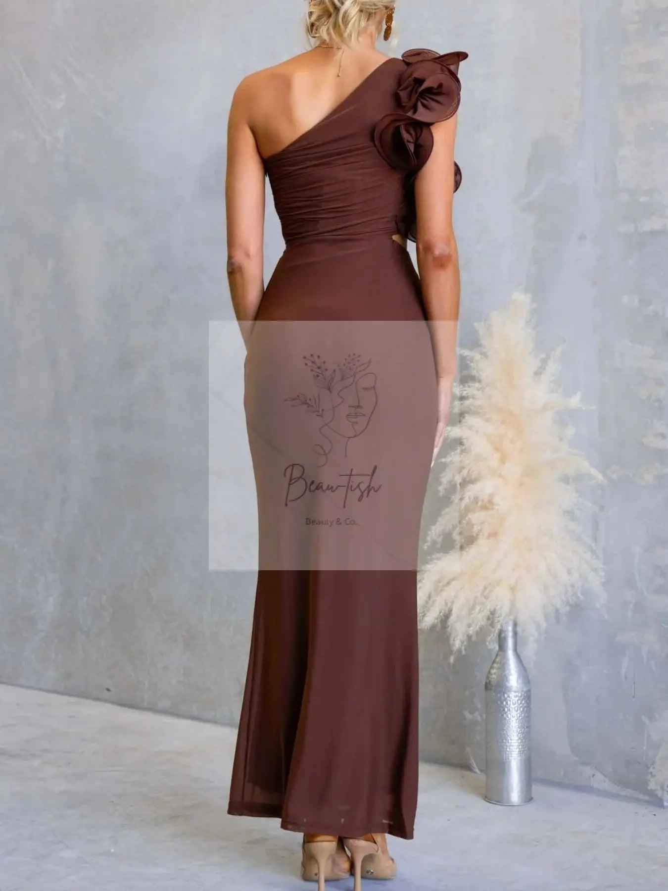 One-Shoulder Floral Trim Sleeveless Maxi Dress