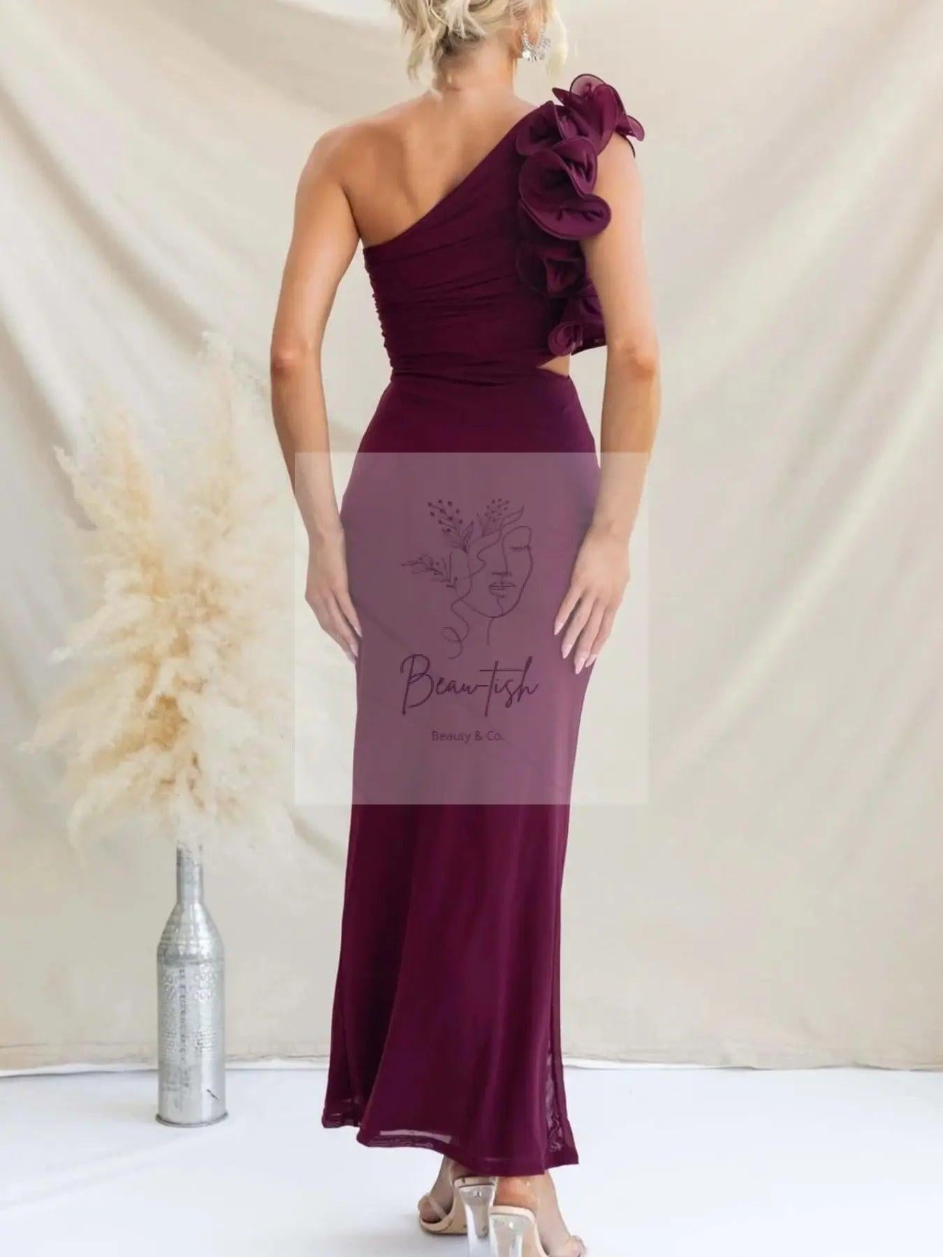 One-Shoulder Floral Trim Sleeveless Maxi Dress