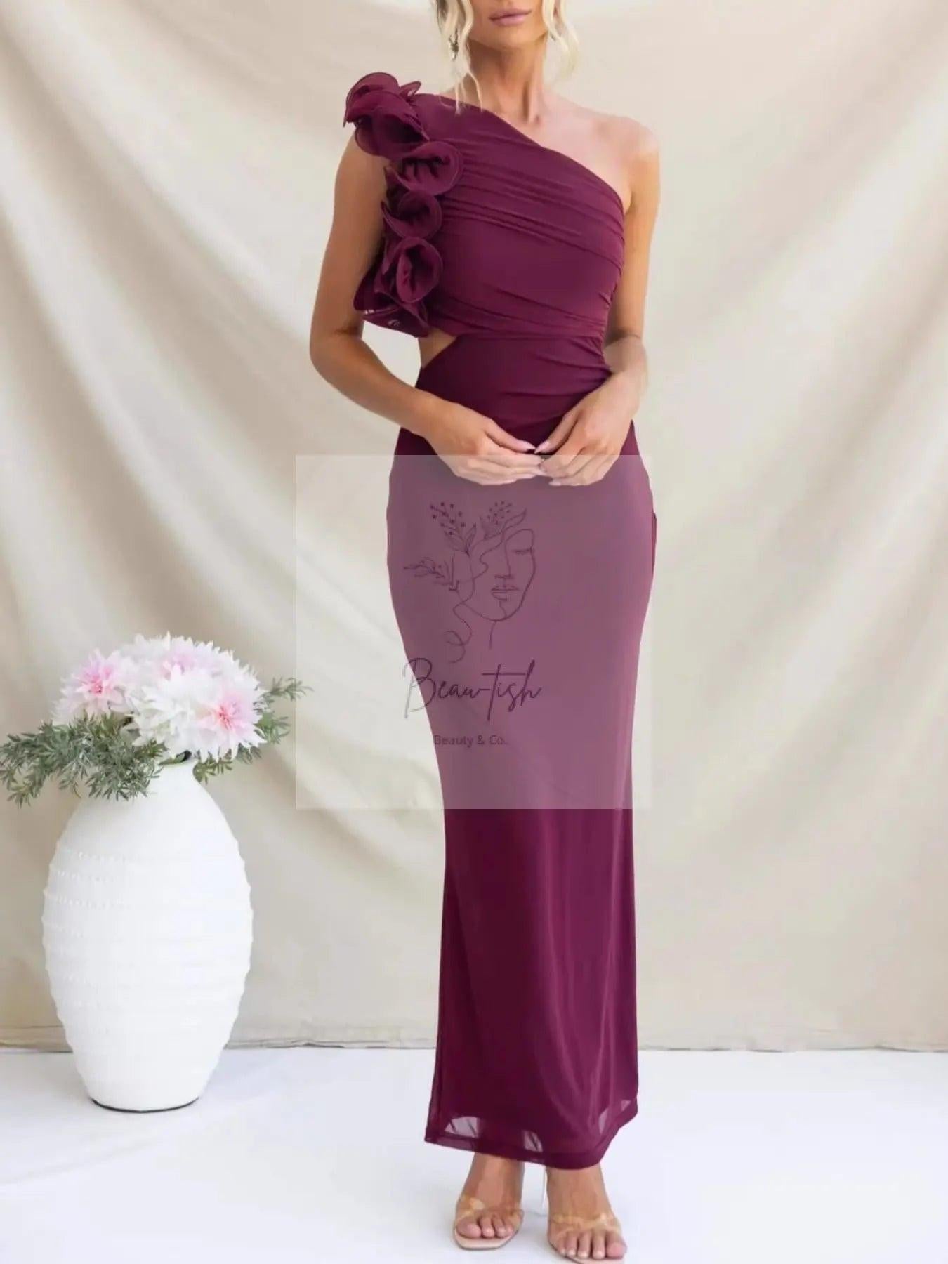 One-Shoulder Floral Trim Sleeveless Maxi Dress