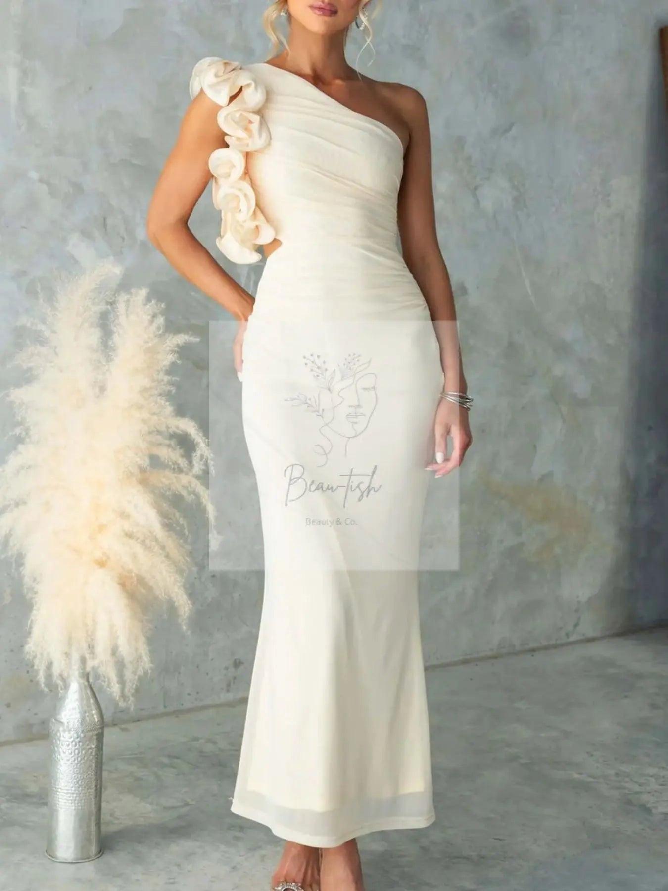 One-Shoulder Floral Trim Sleeveless Maxi Dress