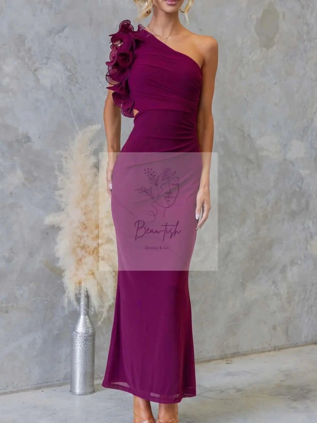 One-Shoulder Floral Trim Sleeveless Maxi Dress