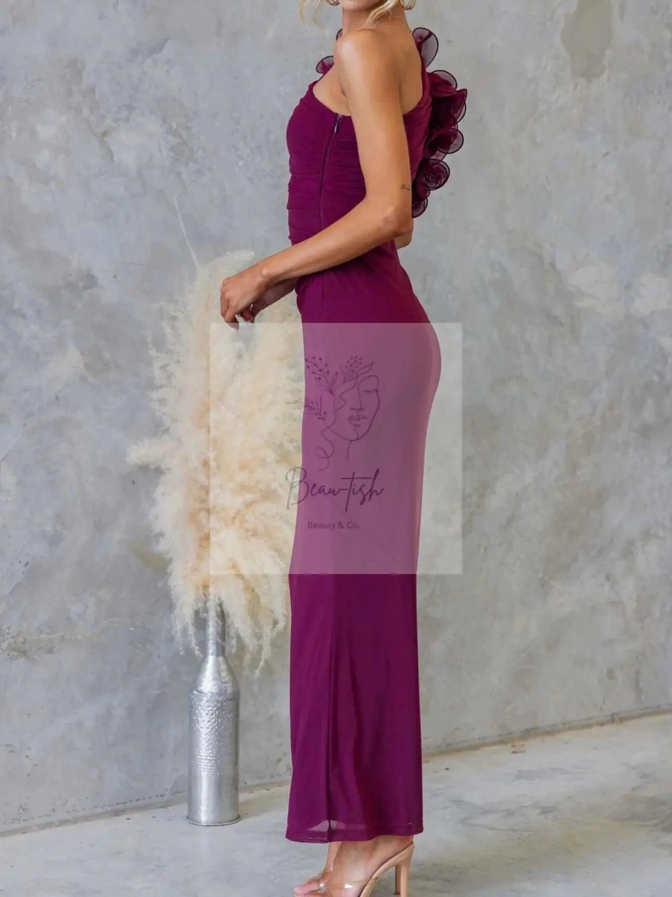 One-Shoulder Floral Trim Sleeveless Maxi Dress