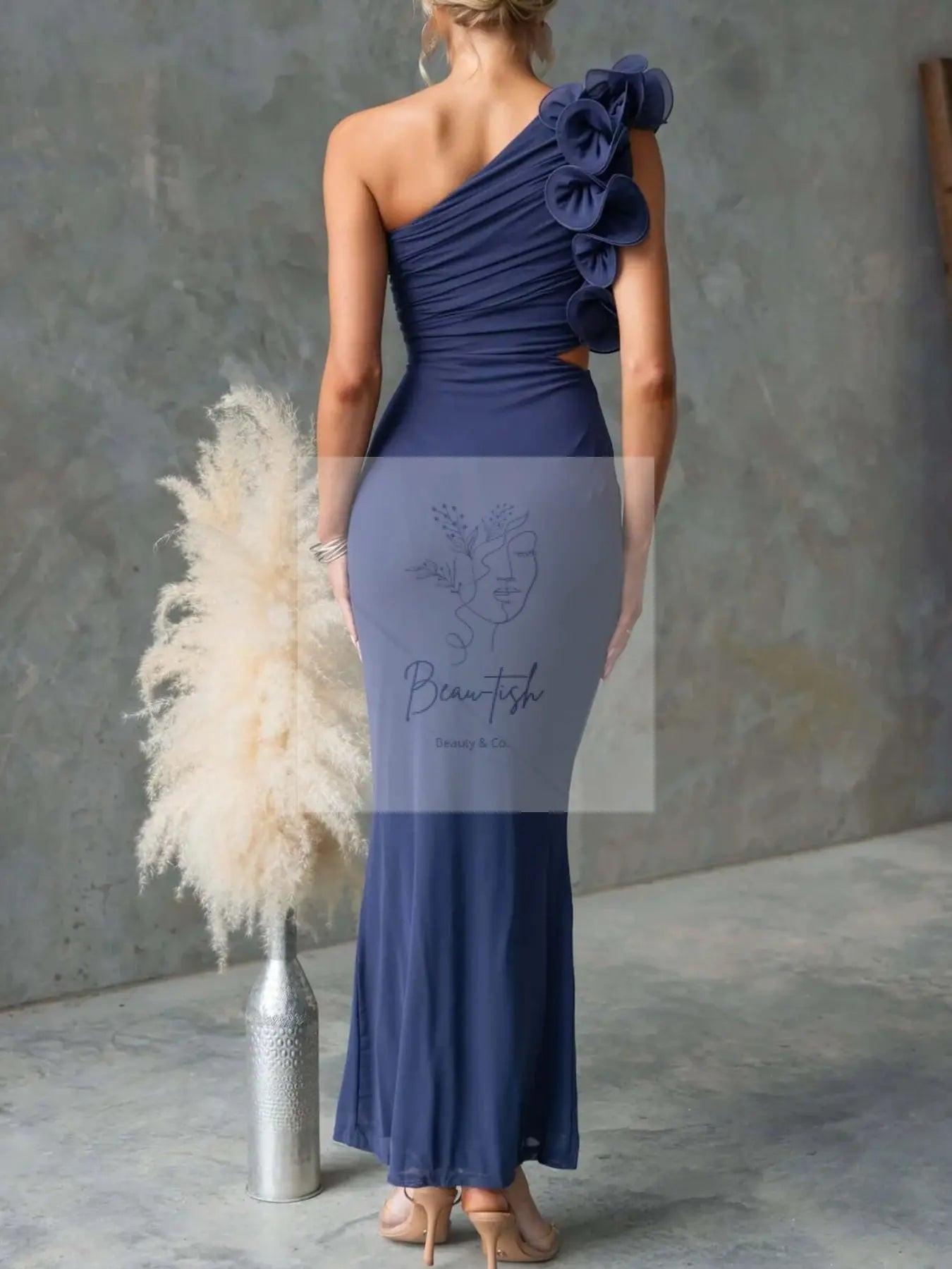 One-Shoulder Floral Trim Sleeveless Maxi Dress