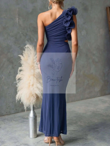One-Shoulder Floral Trim Sleeveless Maxi Dress