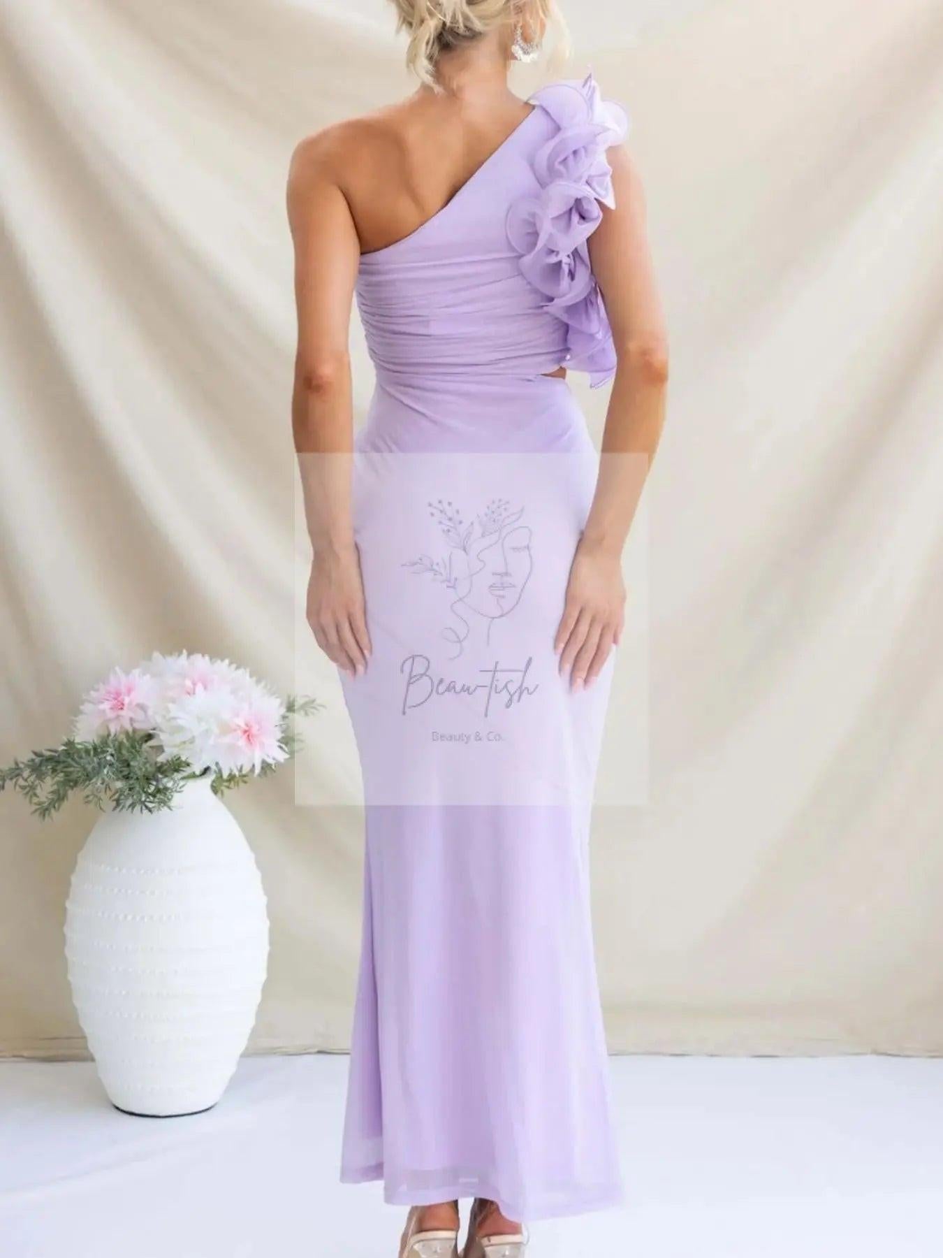 One-Shoulder Floral Trim Sleeveless Maxi Dress