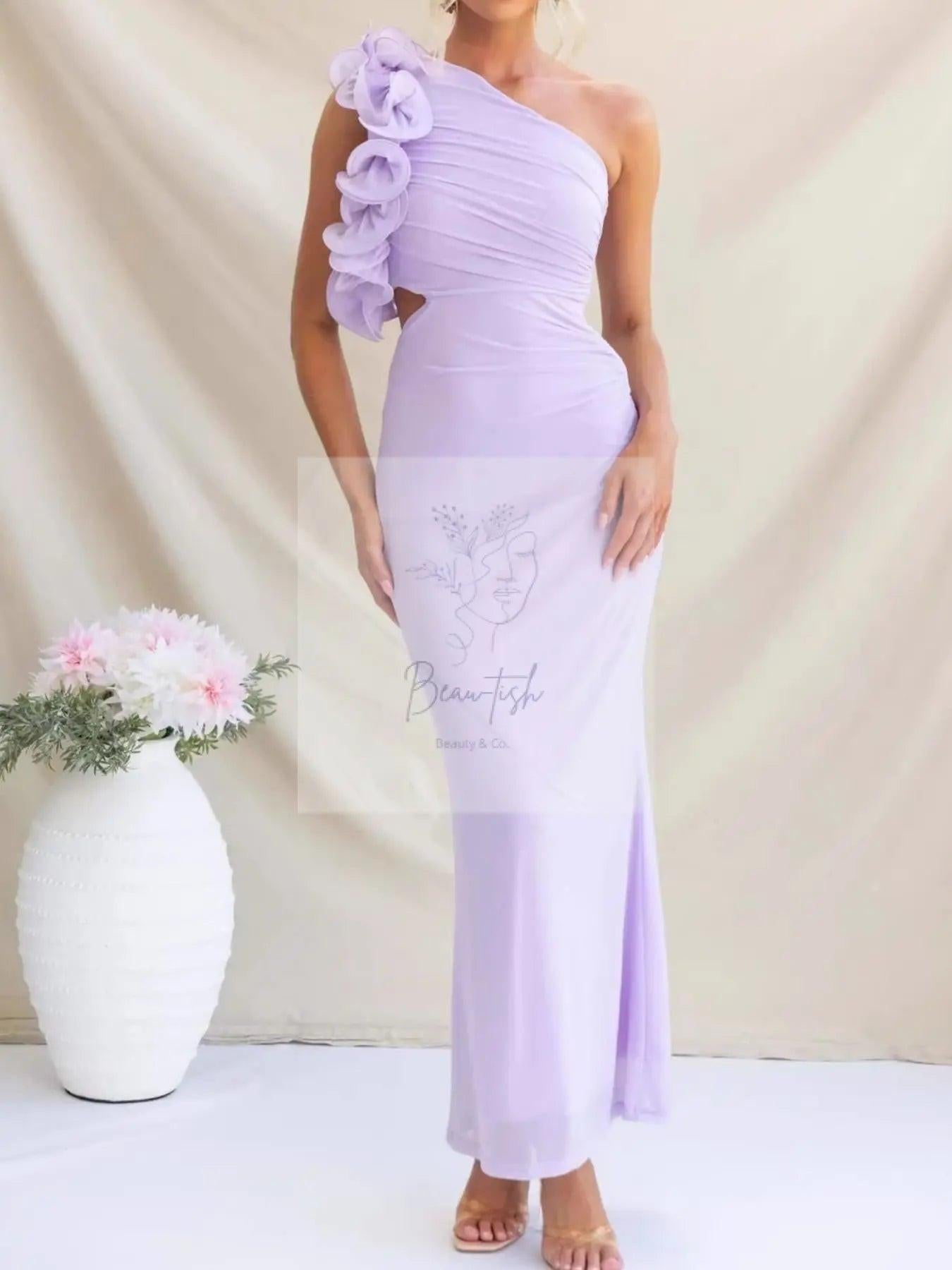 One-Shoulder Floral Trim Sleeveless Maxi Dress