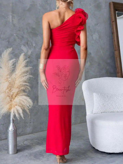 One-Shoulder Floral Trim Sleeveless Maxi Dress