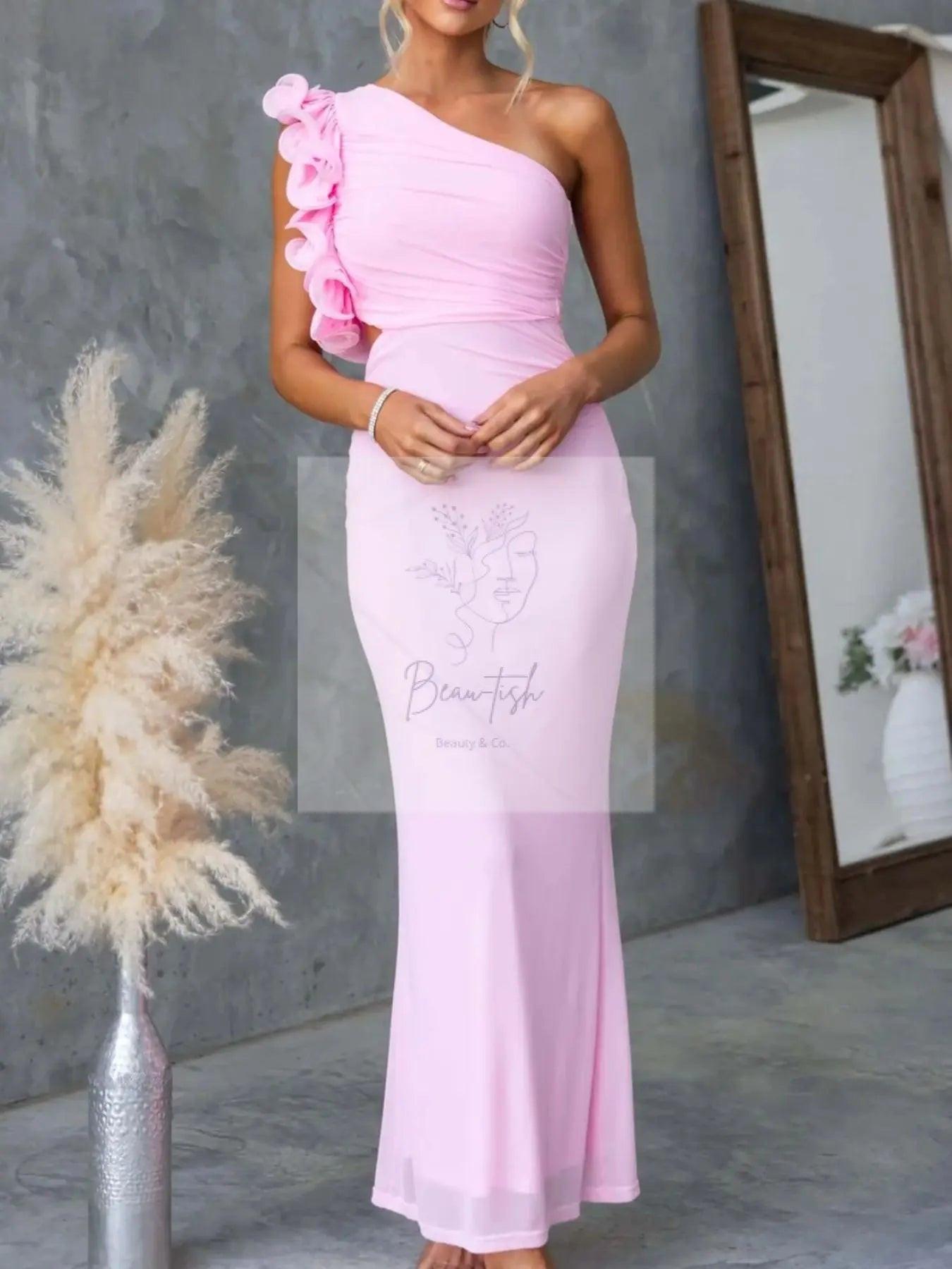 One-Shoulder Floral Trim Sleeveless Maxi Dress