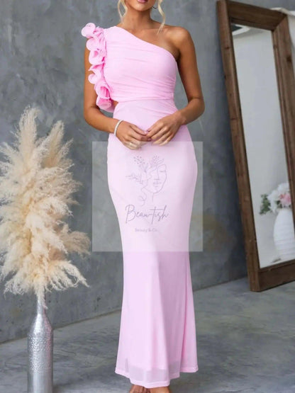 One-Shoulder Floral Trim Sleeveless Maxi Dress