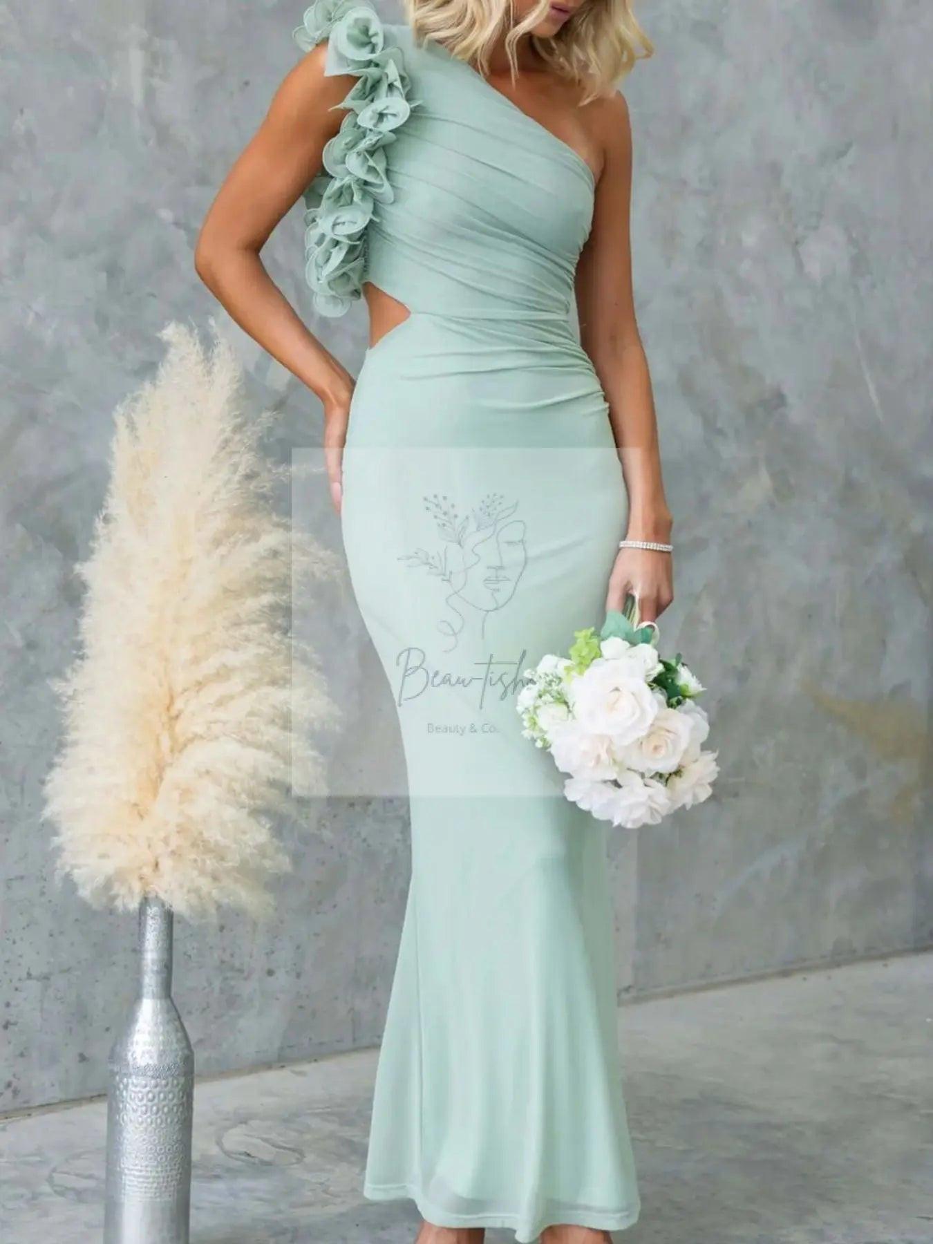 One-Shoulder Floral Trim Sleeveless Maxi Dress