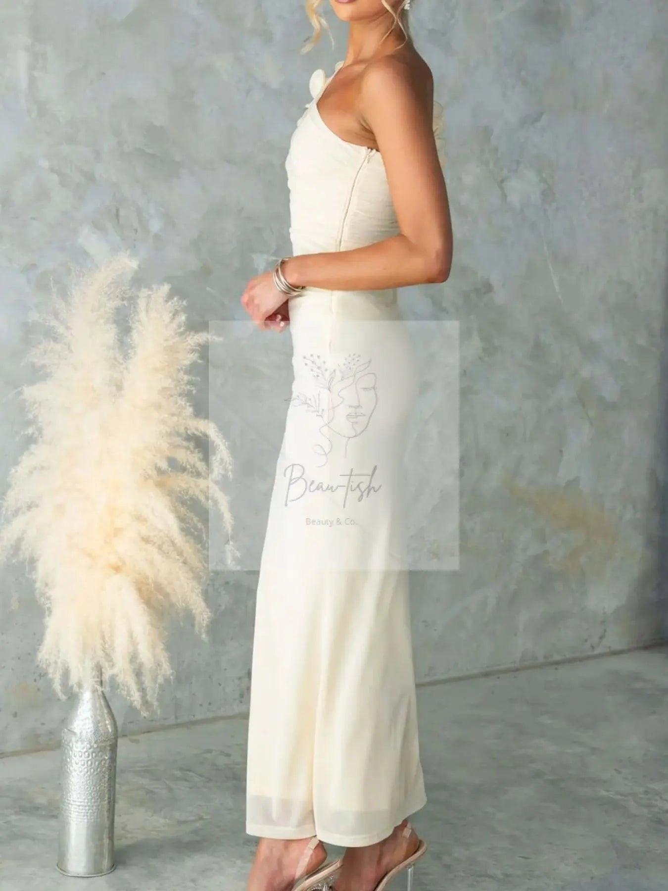 One-Shoulder Floral Trim Sleeveless Maxi Dress