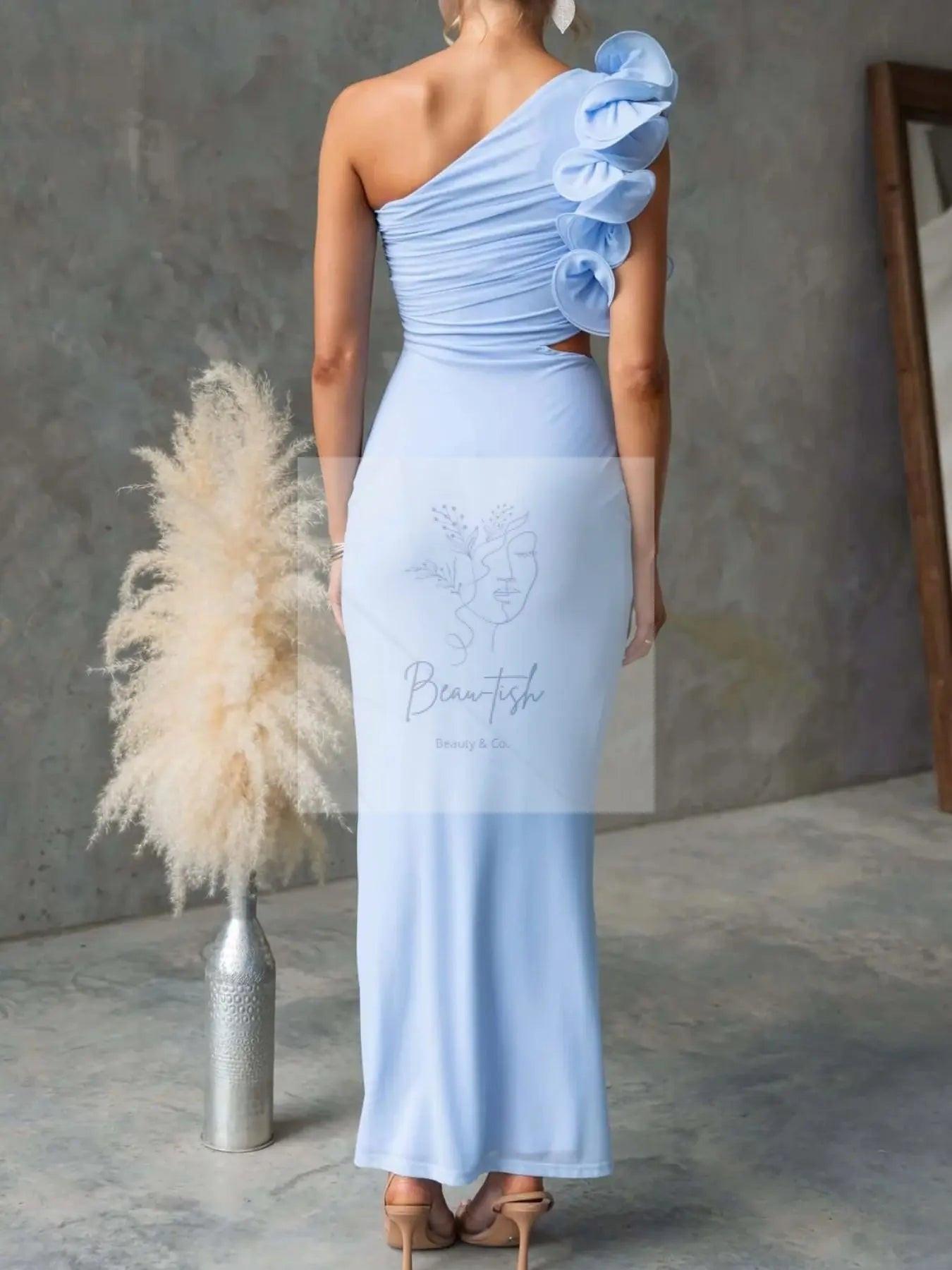 One-Shoulder Floral Trim Sleeveless Maxi Dress