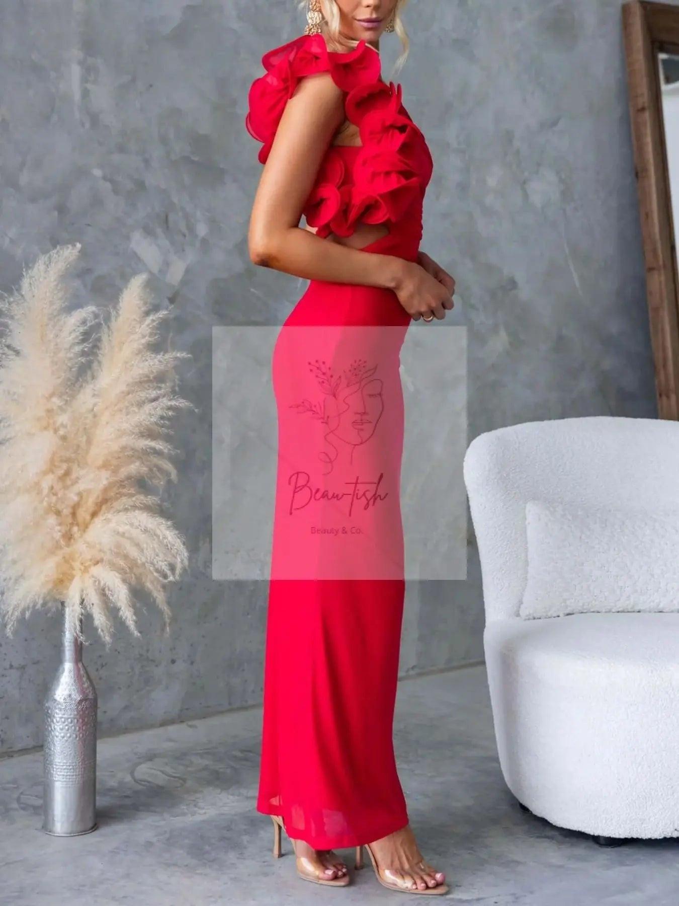 One-Shoulder Floral Trim Sleeveless Maxi Dress