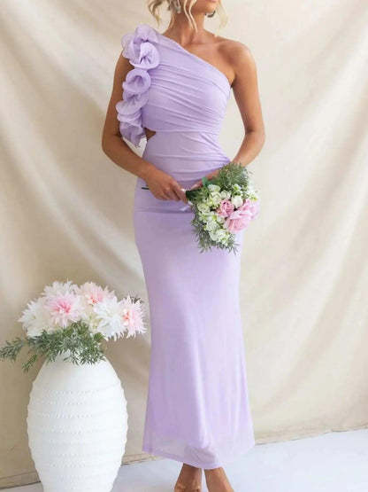 One-Shoulder Floral Trim Sleeveless Maxi Dress