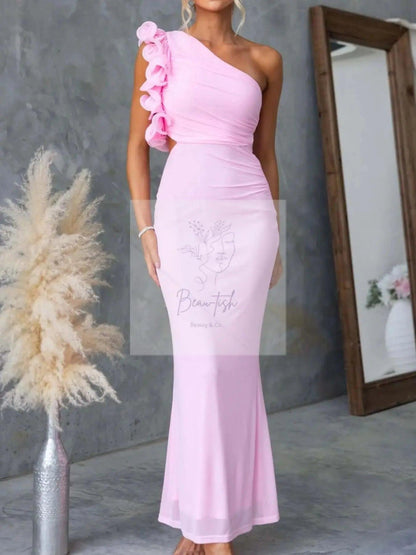 One-Shoulder Floral Trim Sleeveless Maxi Dress