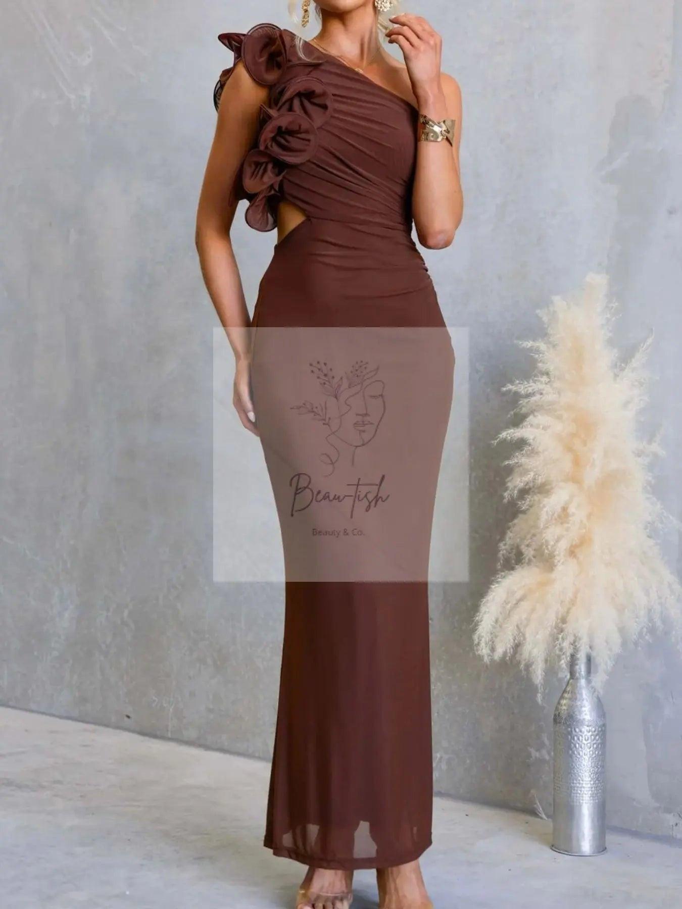 One-Shoulder Floral Trim Sleeveless Maxi Dress