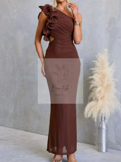 One-Shoulder Floral Trim Sleeveless Maxi Dress