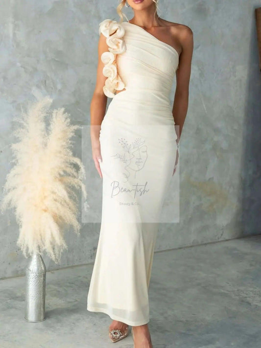 One-Shoulder Floral Trim Sleeveless Maxi Dress