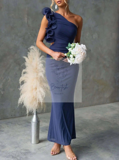 One-Shoulder Floral Trim Sleeveless Maxi Dress