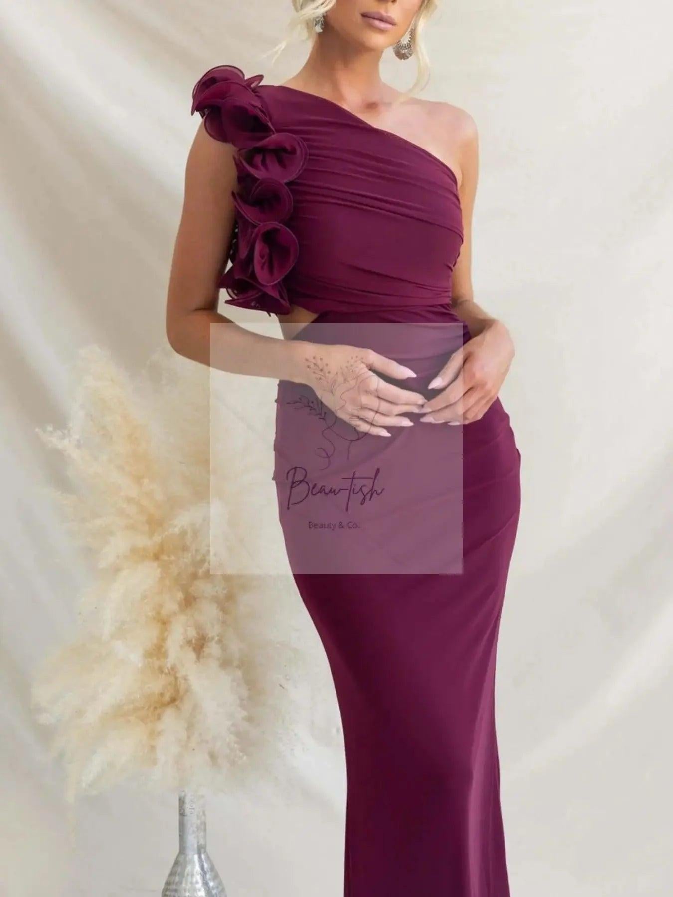 One-Shoulder Floral Trim Sleeveless Maxi Dress