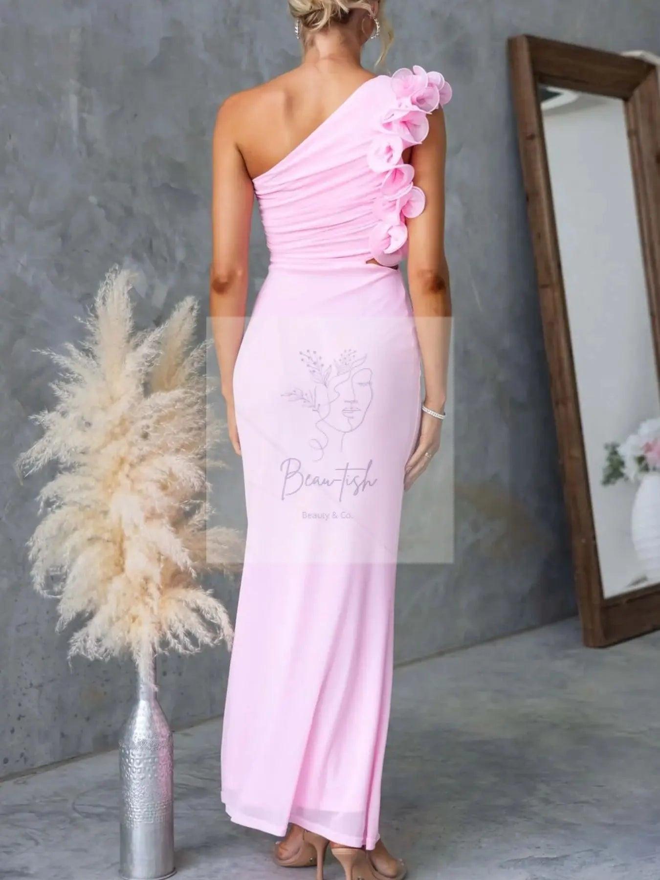One-Shoulder Floral Trim Sleeveless Maxi Dress