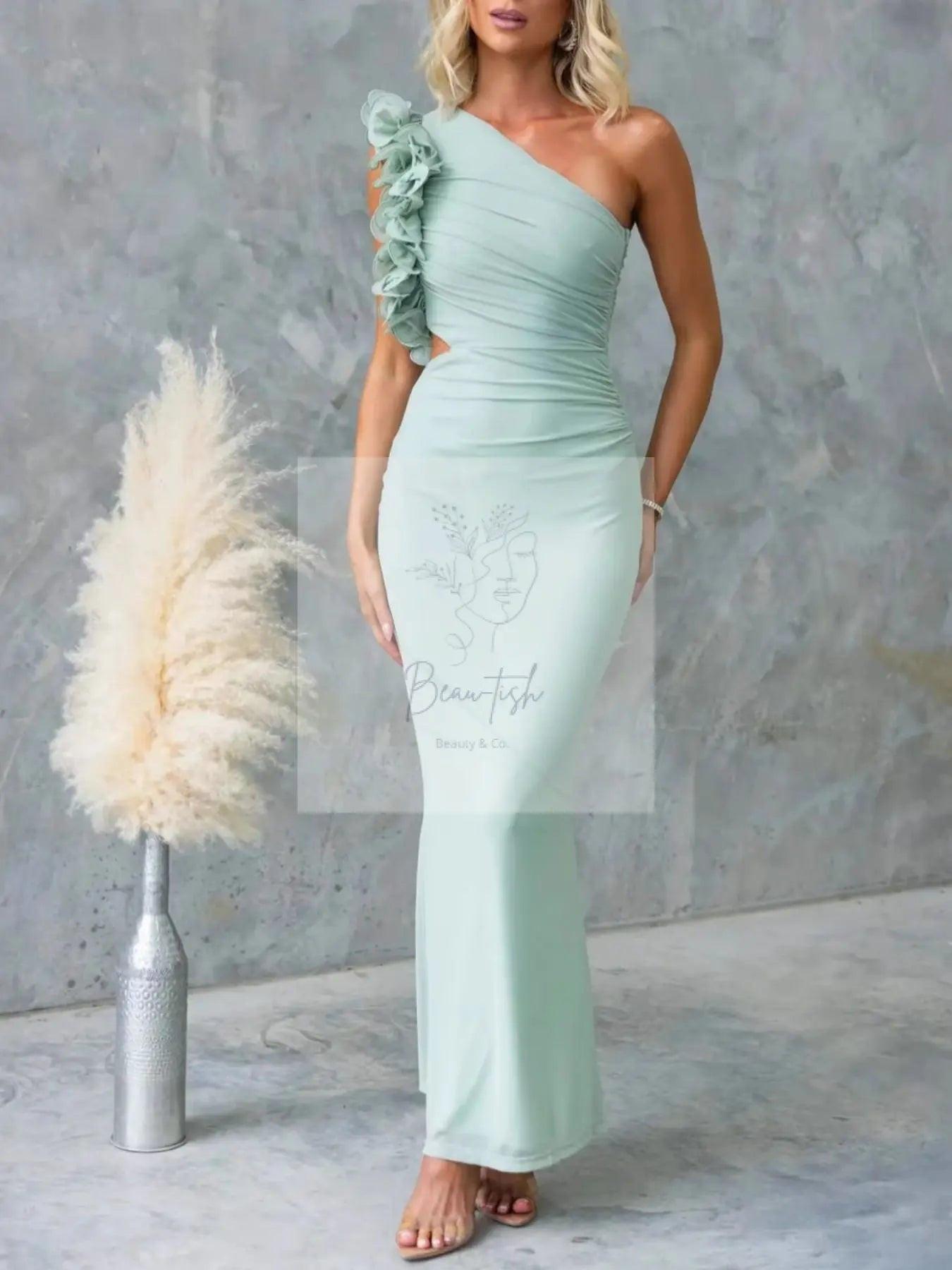 One-Shoulder Floral Trim Sleeveless Maxi Dress